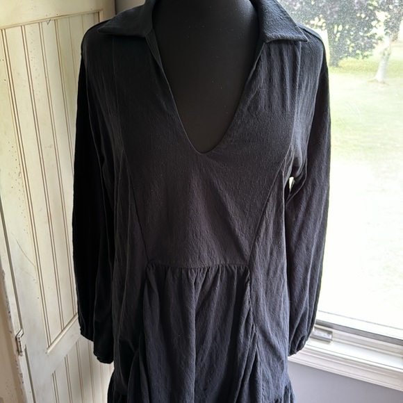 FP Beach Black Pull Over Collared Cotton ‎ Long Sleeve Baby Doll Dress - Picture 2 of 12